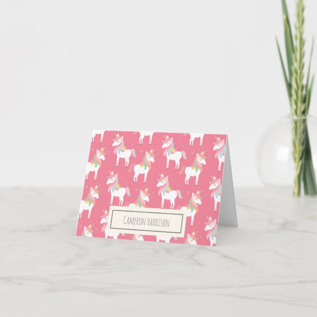 Cute Pink Unicorn Pattern Personalized Note Card (Front)