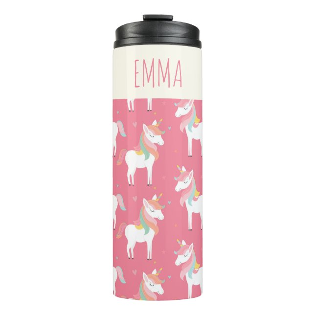 Cute Pink Unicorn Pattern Personalized Thermal Tumbler (Front)