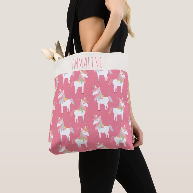 Cute Pink Unicorn Pattern Personalized Tote Bag (Close Up)