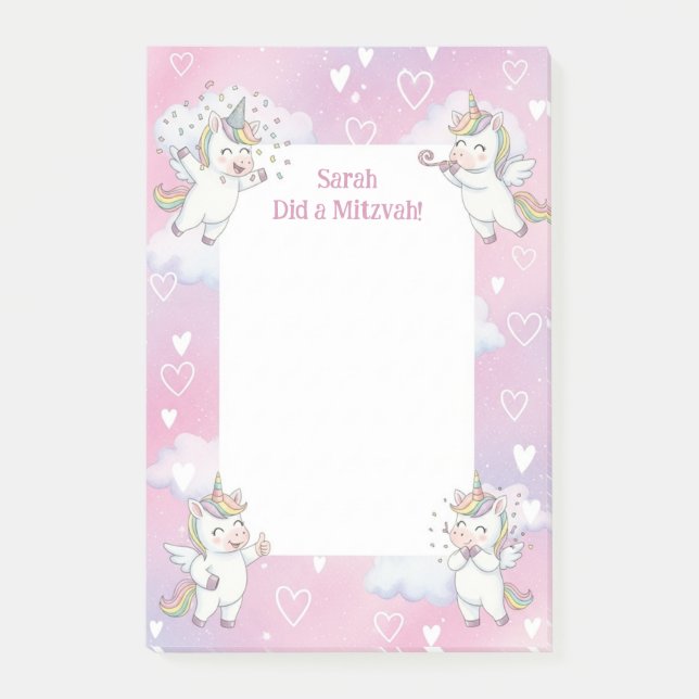 Cute Pink Unicorn Personalized Mitzvah Post-it Notes (Front)