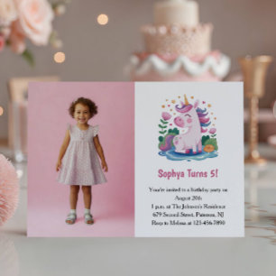 Cute Pink Unicorn Photo Kids Birthday Party Invitation