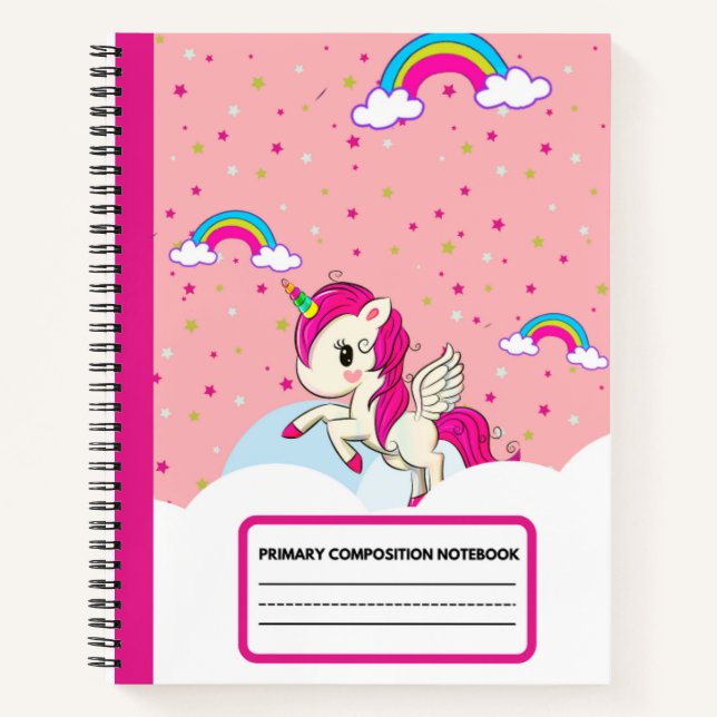 Cute Pink Unicorn Rainbow Composition Notebook (Front)