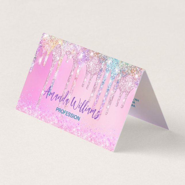 Cute Pink Unicorn Rainbow Glitter Drips Business Card (Front)