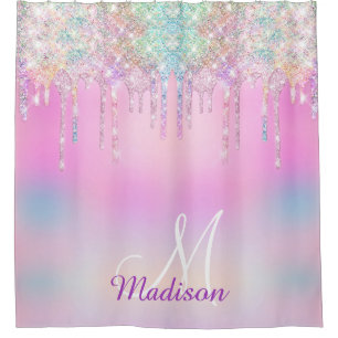 Cute Pink Unicorn Rainbow Glitter Drips monogram