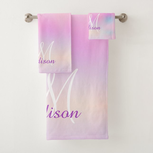 Cute Pink Unicorn Rainbow Glitter Drips monogram Bath Towel Set (Insitu)