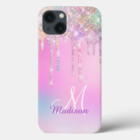 Cute Pink Unicorn Rainbow Glitter Drips monogram