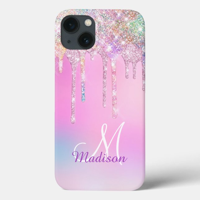Cute Pink Unicorn Rainbow Glitter Drips monogram  Case-Mate iPhone Case (Back)