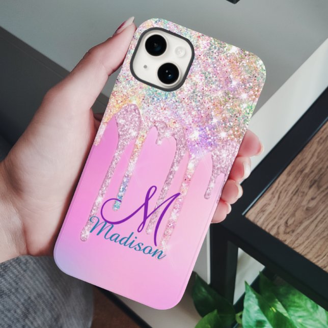 Cute Pink Unicorn Rainbow Glitter Drips monogram  Case-Mate iPhone Case (Creator Uploaded)