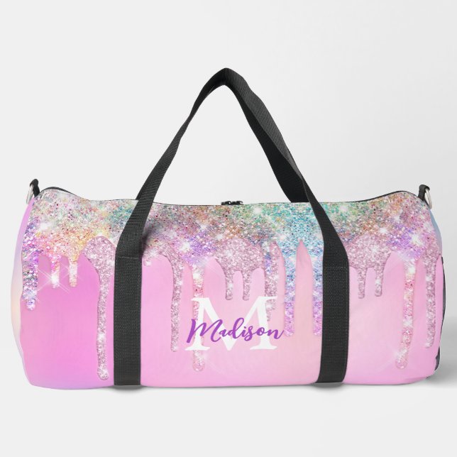 Cute Pink Unicorn Rainbow Glitter Drips monogram  Duffle Bag (Front)
