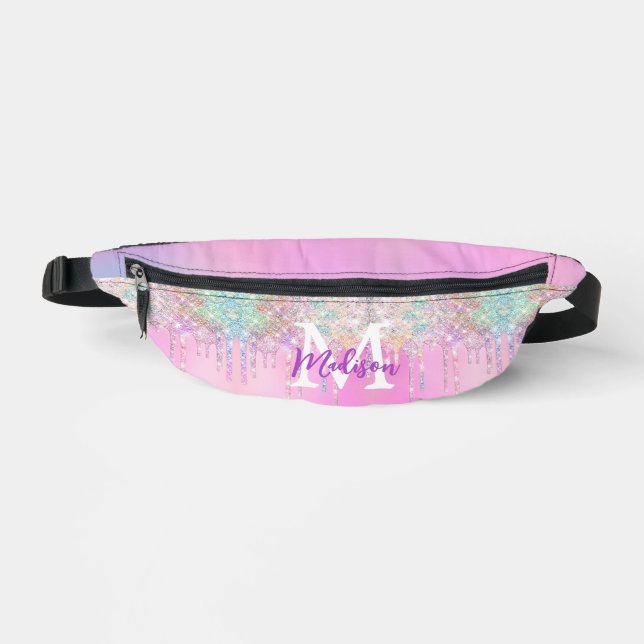 Cute Pink Unicorn Rainbow Glitter Drips monogram  Fanny Pack (Front)