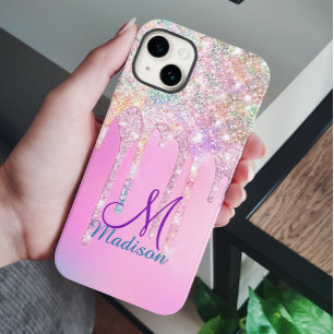 Cute Pink Unicorn Rainbow Glitter Drips monogram  iPhone 14 Case