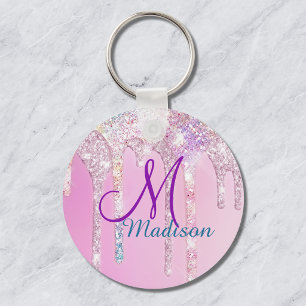 Cute Pink Unicorn Rainbow Glitter Drips monogram Keychain