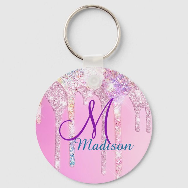 Cute Pink Unicorn Rainbow Glitter Drips monogram Keychain (Front)