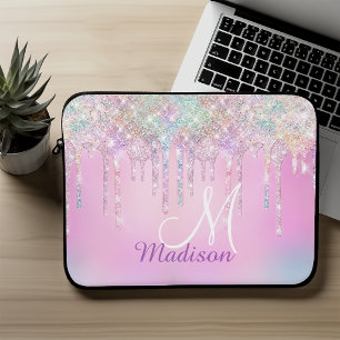 Cute Pink Unicorn Rainbow Glitter Drips monogram Laptop Sleeve