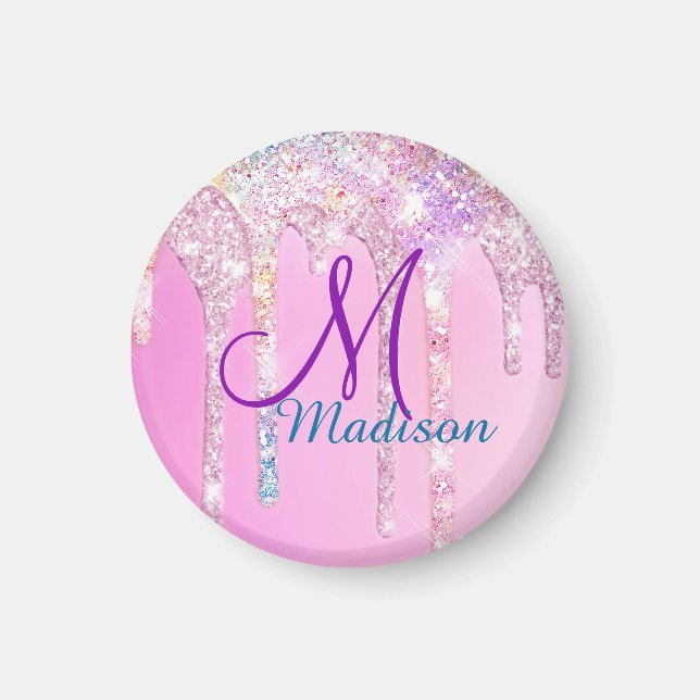 Cute Pink Unicorn Rainbow Glitter Drips monogram Magnet (Front)