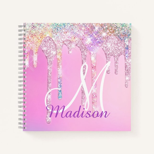 Cute Pink Unicorn Rainbow Glitter Drips monogram N Notebook (Front)