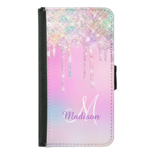 Cute Pink Unicorn Rainbow Glitter Drips monogram Samsung Galaxy S5 Wallet Case