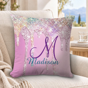Cute Pink Unicorn Rainbow Glitter Drips monogram Throw Pillow