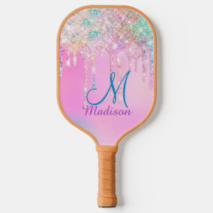 Cute Pink Unicorn Rainbow Glitter Drips Pickleball Paddle