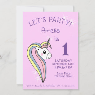 Cute Pink Unicorn Sparkles Girl Birthday Invitation