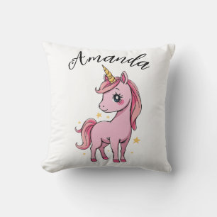 Cute Pink Unicorn Stars Girl Name Throw Pillow