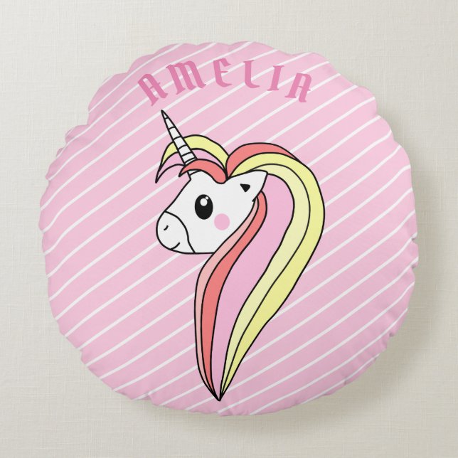 Cute Pink Unicorn Stripe Pattern Girly Kids Name Round Pillow (Front)