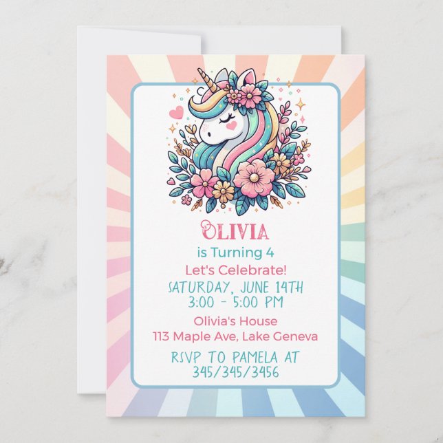 Cute Pink Unicorn thème Invitation de l'anniversai (Devant)