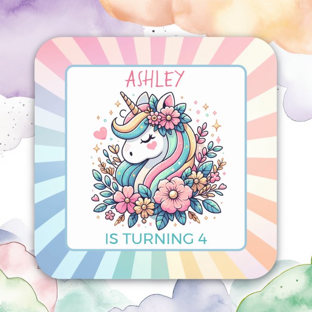 Cute Pink Unicorn themed Girl's Birthday  Square Sticker (Creator Uploaded)