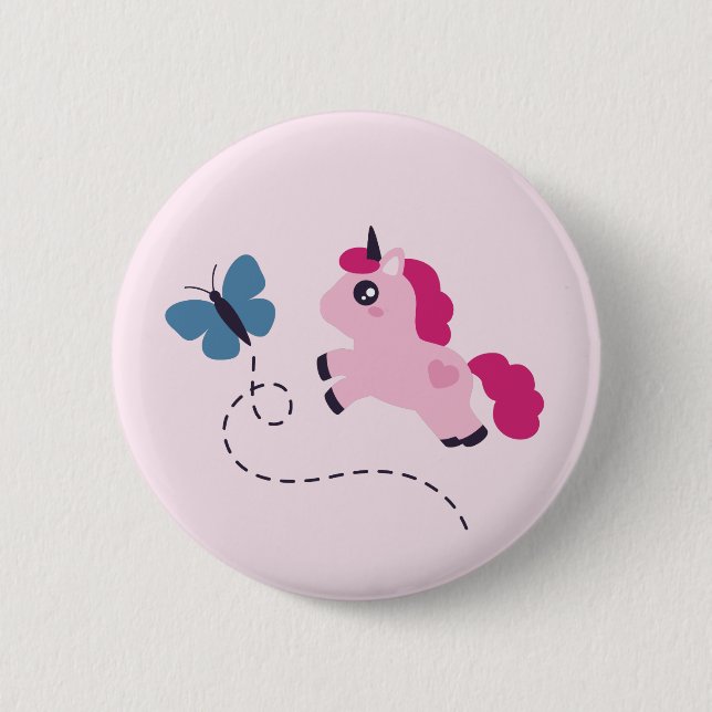 Cute Pink Unicorn with a Butterfly 2 Inch Round Button (Front)