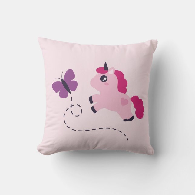 Cute Pink Unicorn with a Butterfly Throw Pillow (Front)