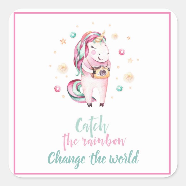 Cute Pink Unicorn With Camera Inspirational Square Sticker (Front)