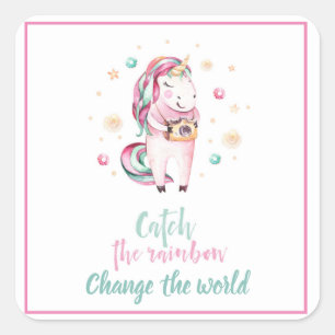 Cute Pink Unicorn With Camera Inspirational Square Sticker