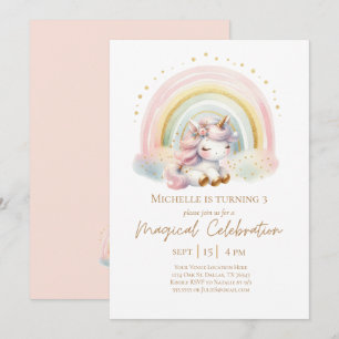 Cute Pink Unicorn with Rainbow Birthday Invitation