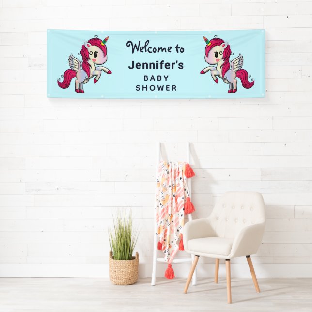 Cute Pink Unicorn with Wings Baby Shower Banner (Insitu)
