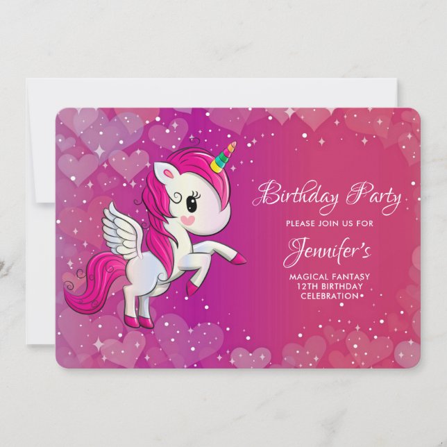 Cute Pink Unicorn with Wings Birthday Invitation (Front)