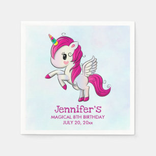 Cute Pink Unicorn with Wings Birthday Napkin