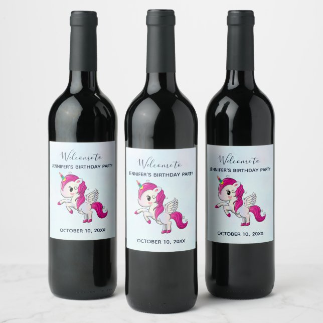 Cute Pink Unicorn with Wings Birthday Wine Label (Bottles)