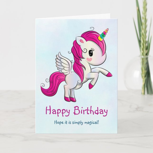 Cute Pink Unicorn with Wings Card (Front)