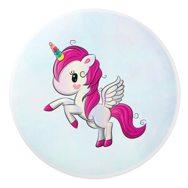 Cute Pink Unicorn with Wings Ceramic Knob (Front)