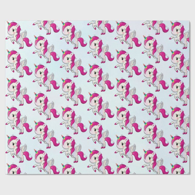 Cute Pink Unicorn with Wings Pattern Wrapping Paper (Flat)