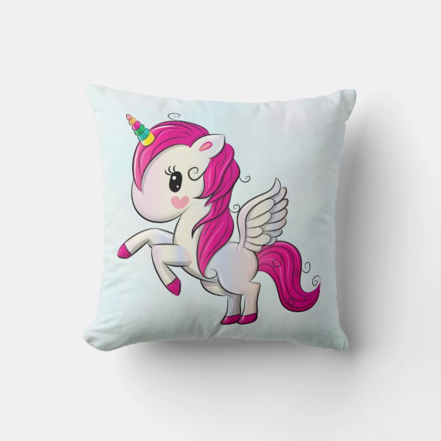 Cute Pink Unicorn with Wings Throw Pillow (Front)