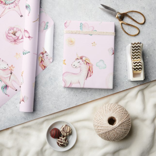 Cute Pink Unicorns Boho Floral Baby Shower Wrapping Paper (Crafts)