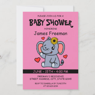 Cute Pink Vector Girl Elephant Baby Shower Invitation