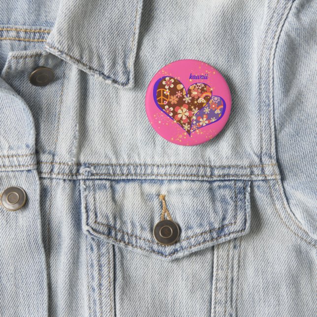 Cute Pink Vibrant Floral Retro Heart ♡ 2 Inch Round Button (In Situ)