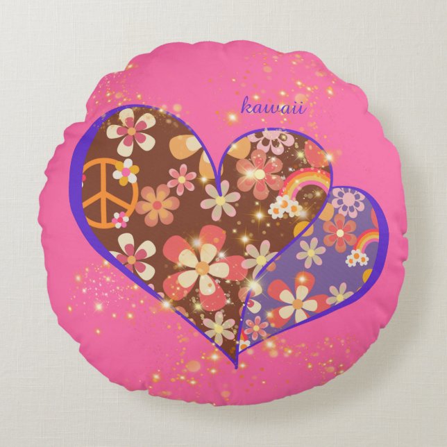 Cute pink vibrant floral retro heart ♡ round pillow (Front)