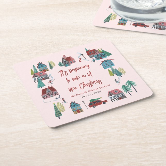 Cute Pink Village Christmas Party Square Paper Coaster (Angled)