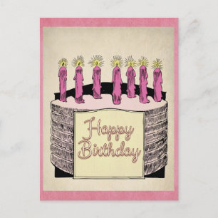 Cute Pink Vintage Happy Birthday Cake Candles Postcard