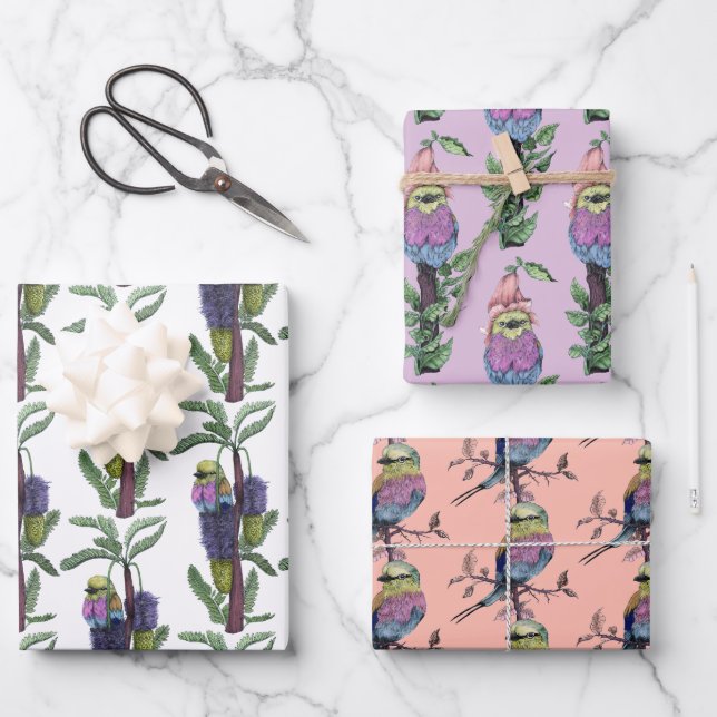 Cute Pink Watercolor African Bird Pattern Wrapping Paper Sheet (Front)