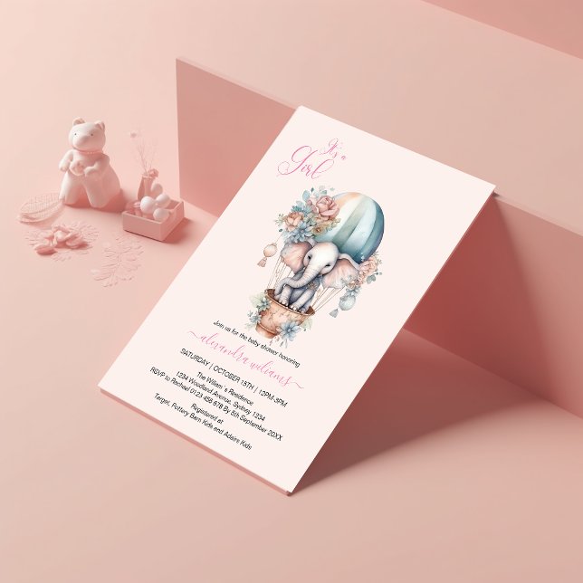 Cute Pink Watercolor Air Balloon Elephant Baby Sho Invitation (Creator Uploaded)