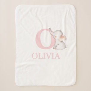 Cute Pink Watercolor Baby Elephant Monogram & Name Sherpa Blanket